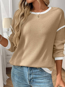 Crewneck Knit Look Long Sleeve Pullover Top