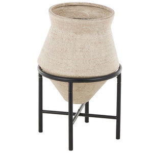 Beige Metal Wide Decorative Vase with Black Metal Stand
