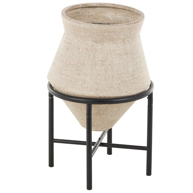 Beige Metal Wide Decorative Vase with Black Metal Stand