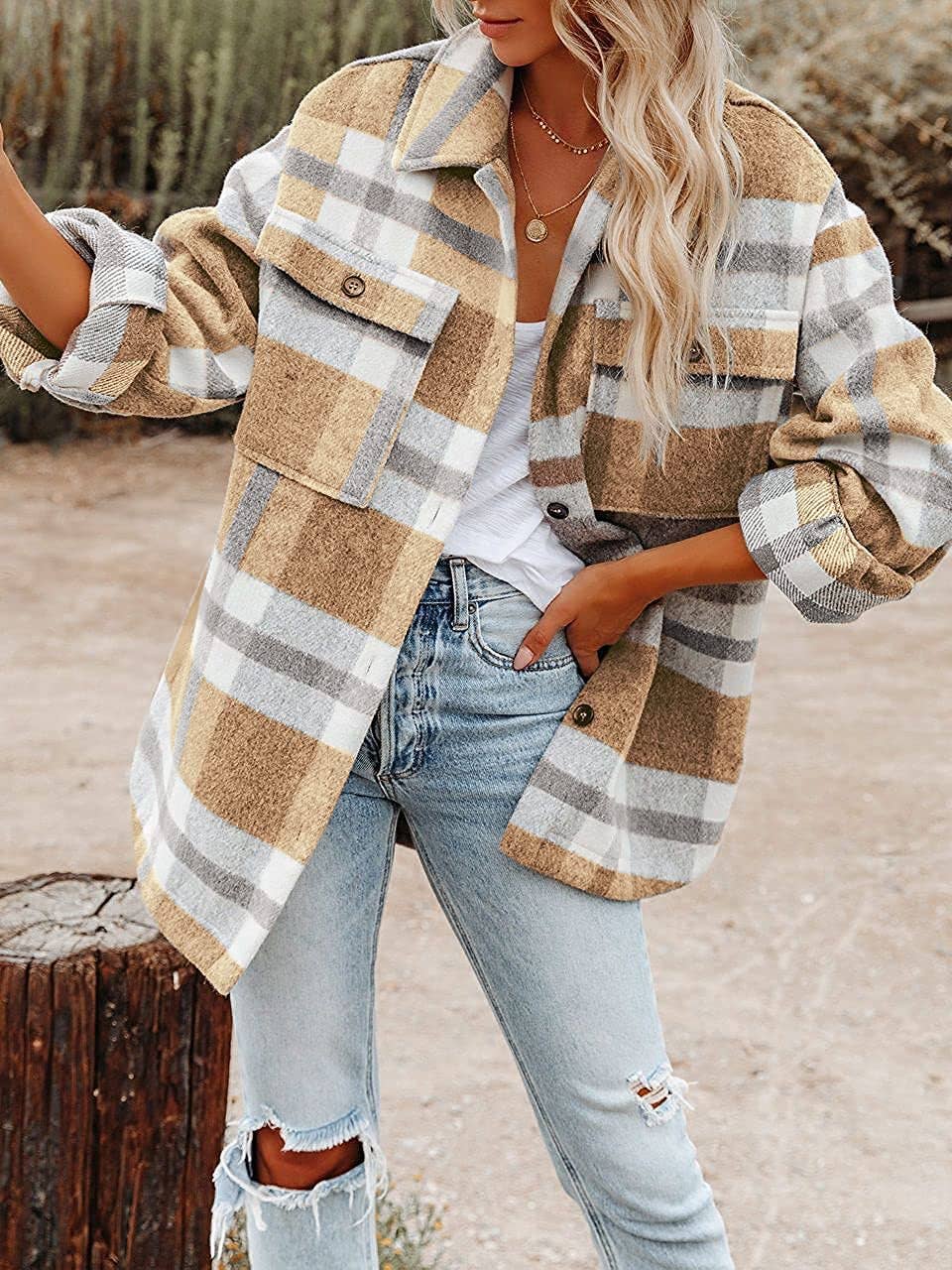 Women's Plaid Button Flannel Shirt Jacket