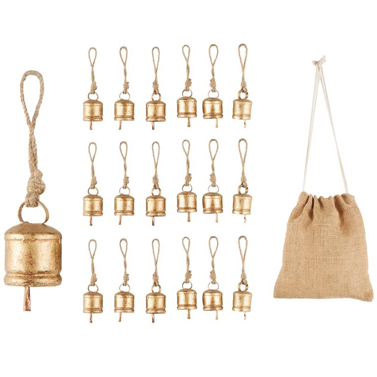 Gold Metal Decorative Bells with Brown Jute Rope