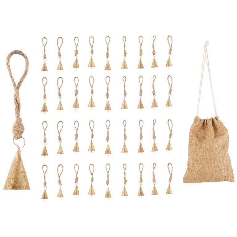 Gold Metal Tibetan Inspired Decorative Bells with Brown Jute Rope