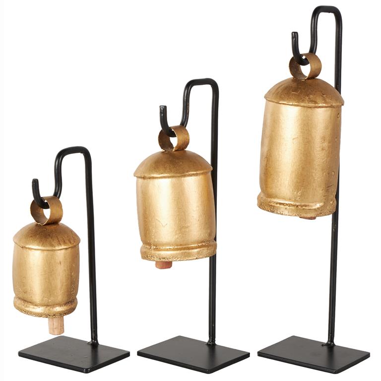 Gold Metal Bell Sculpture with Black Stand and Brown Wooden Clapper