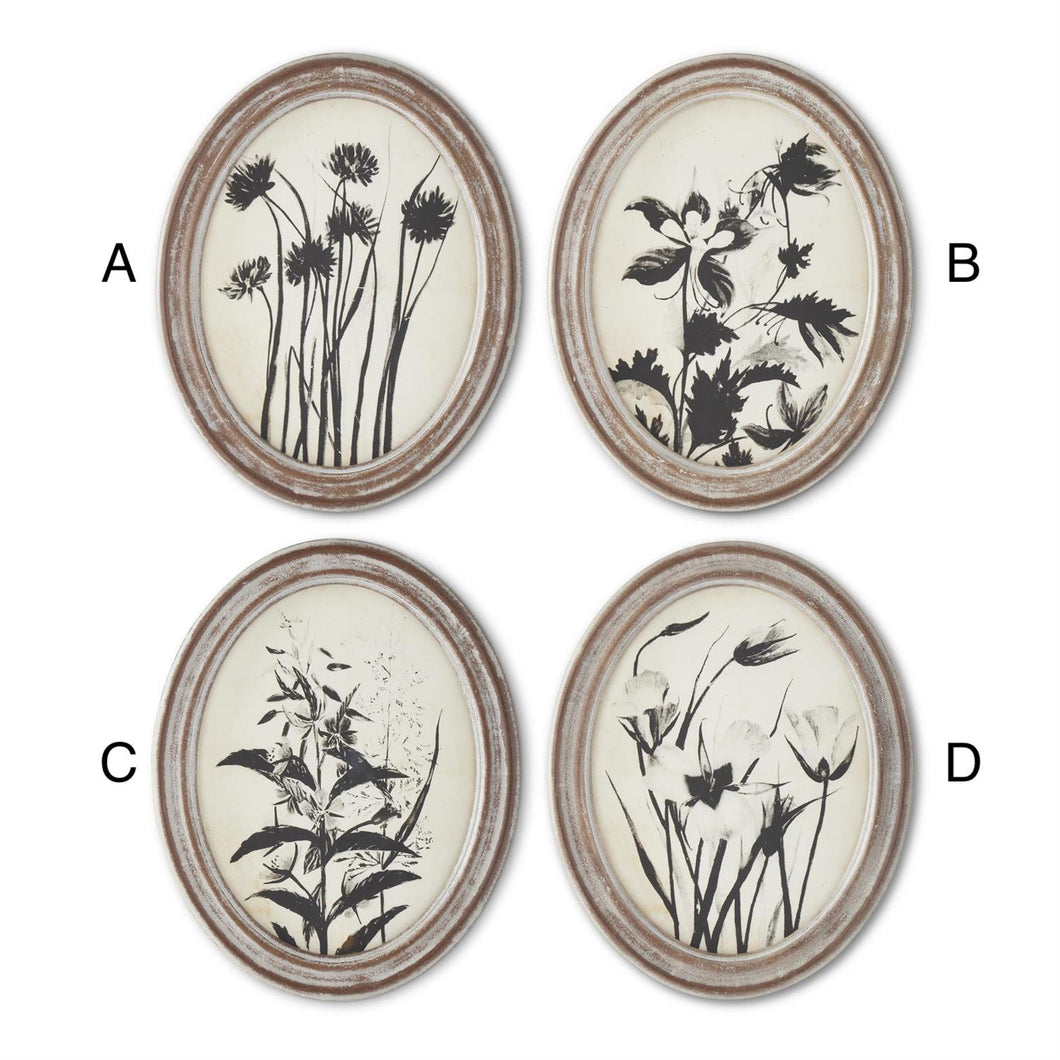 Wood Framed Oval Black & White Botanical Prints
