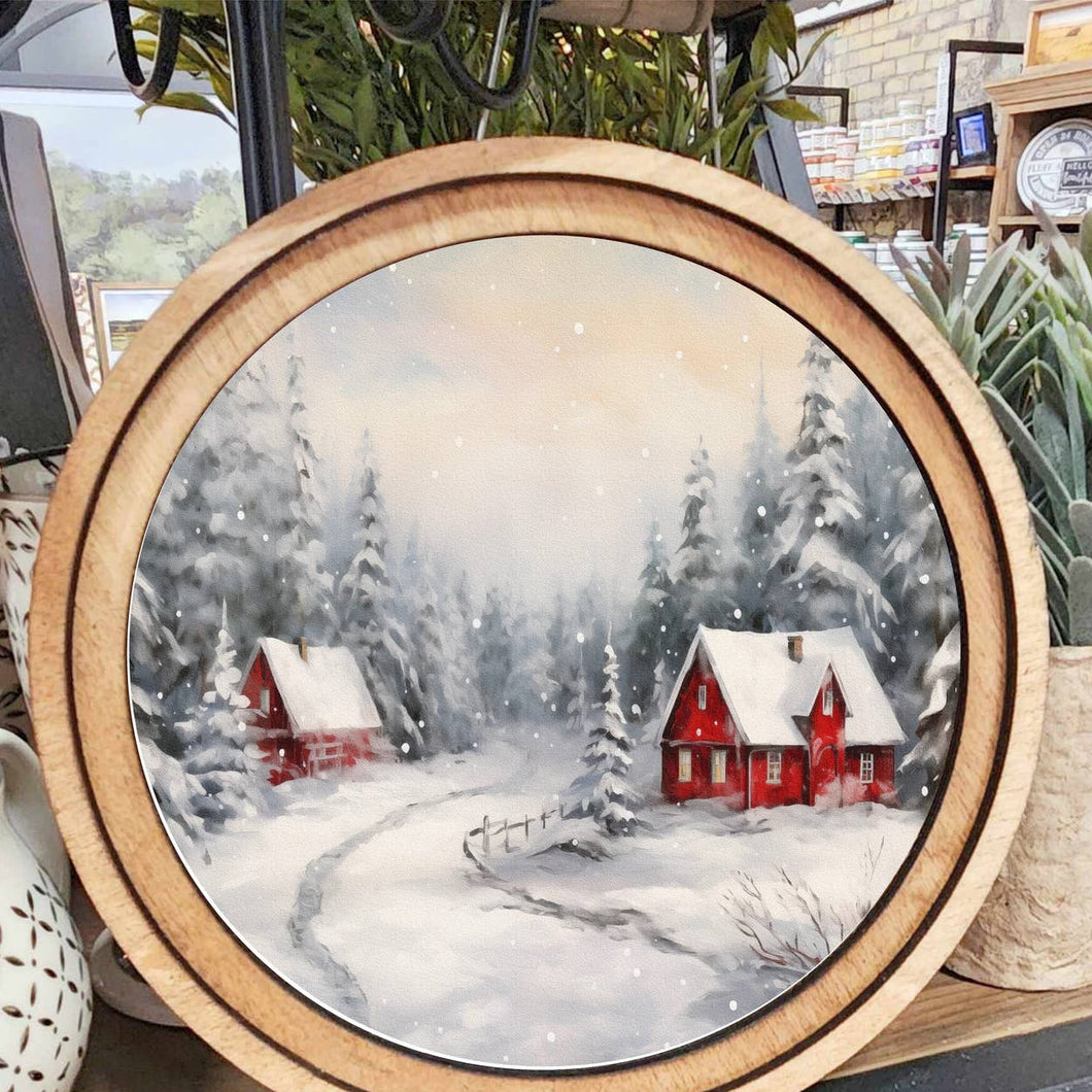 Round Snowy Red Cabins Art