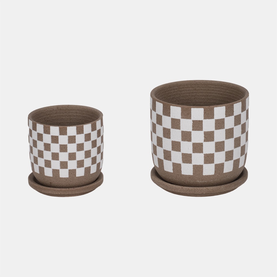 Tan Checkerboard Saucer Planters