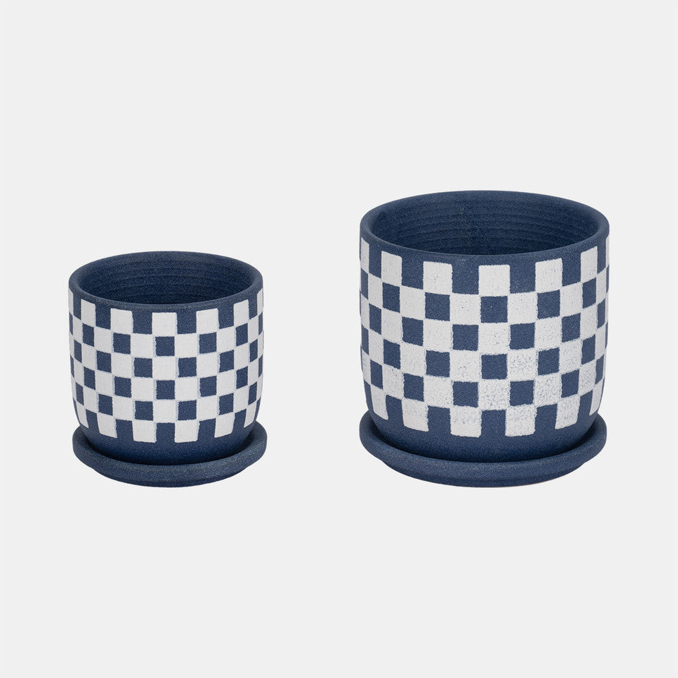 Blue Checkerboard Saucer Planters