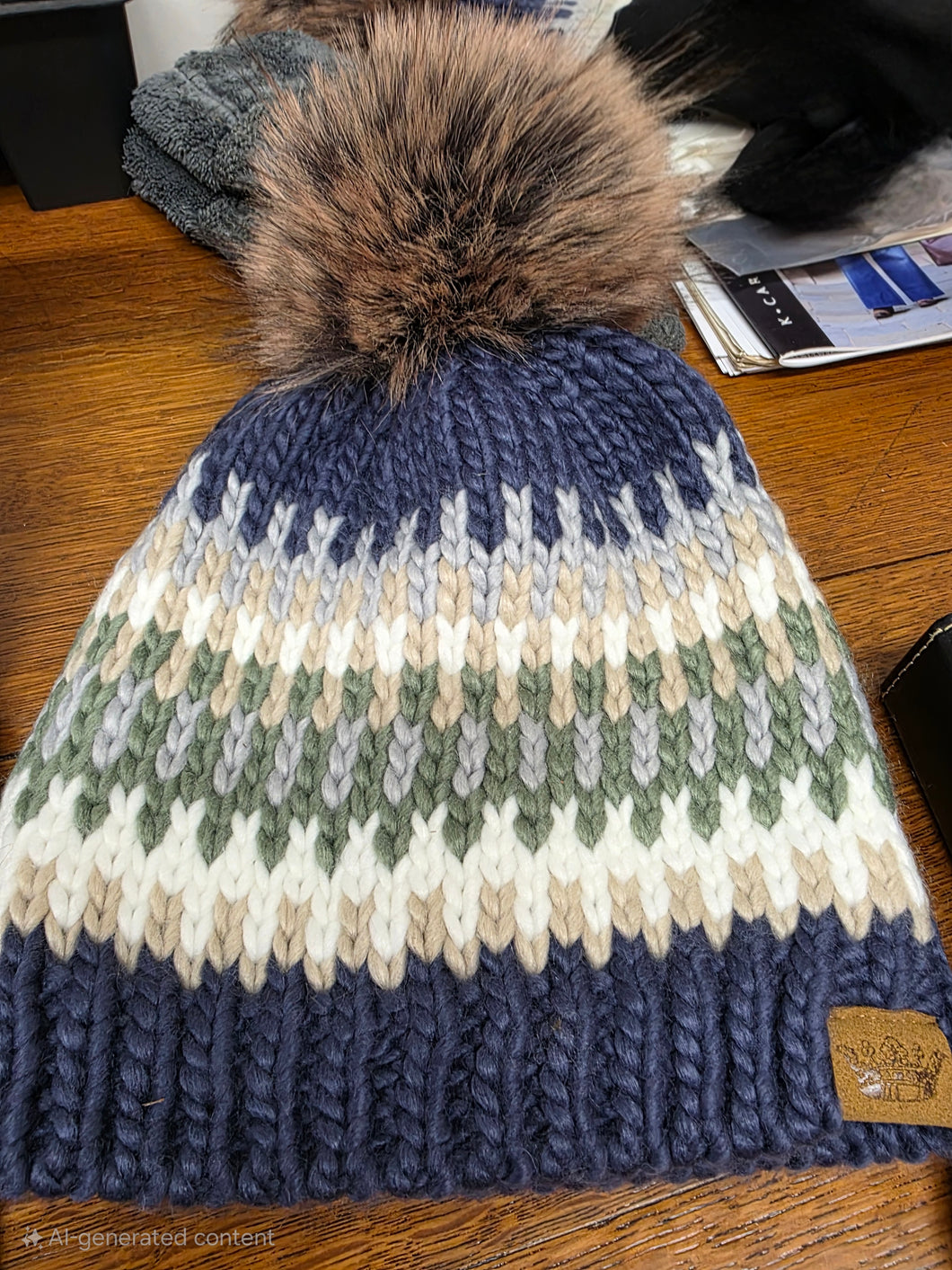 Blue & Green Patterned Pom Hat