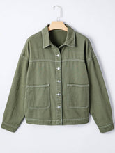 Load image into Gallery viewer, Smoke Green Patched Pocket Collared Button Front Boyfriend Denim Jacket
