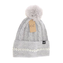 Load image into Gallery viewer, Pearl Embellished Cuff Faux Fur Pom C.C Beanie
