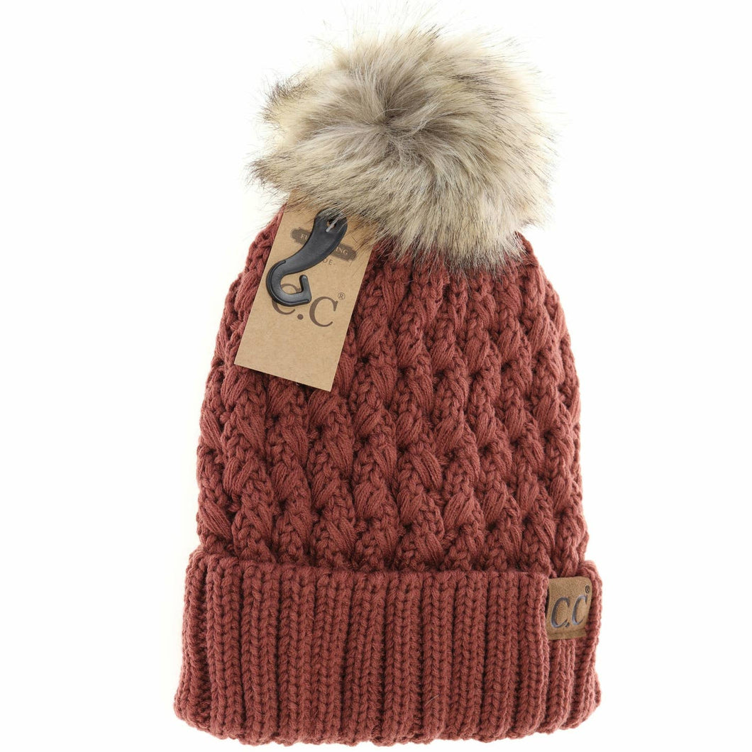 Solid Lattice Stitch Fur Pom Hat