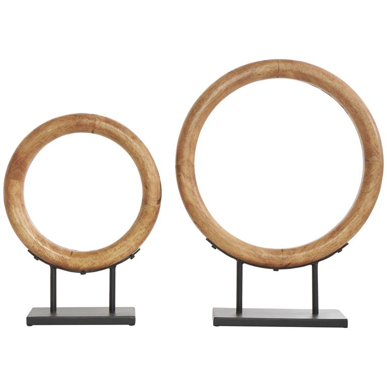 Wood Circular Sculpture on Black Metal Stand