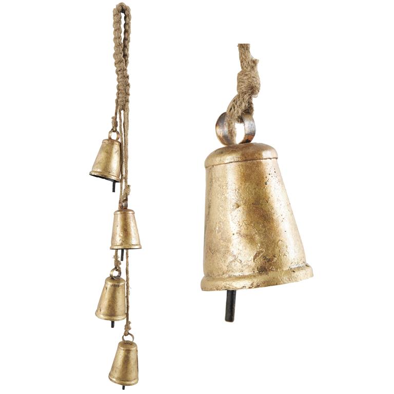 Gold Metal Tibetan Decorative Cow Bells with 4 Bells on Jute Hanging Rope