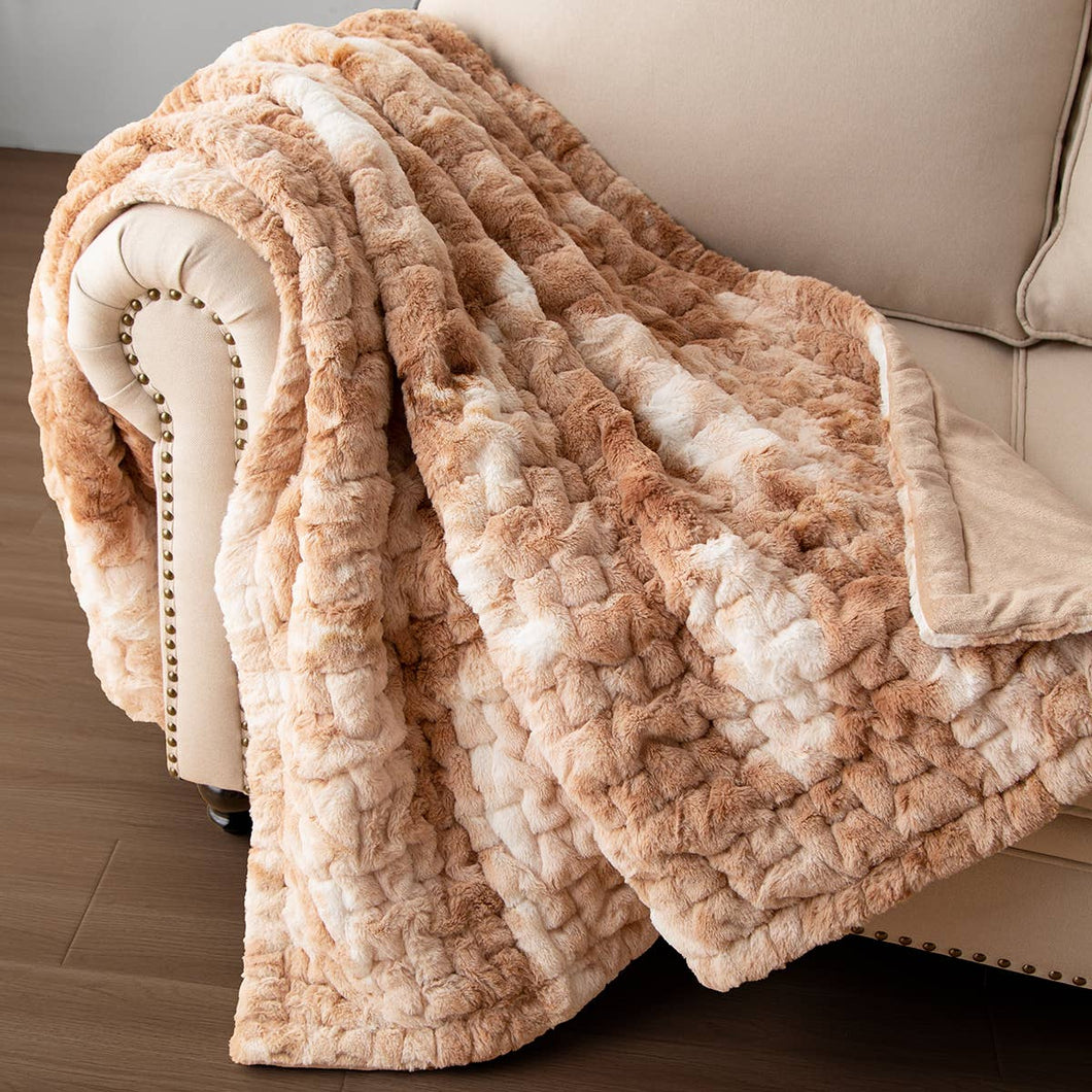 Tan Ruched Faux Fur Throw Blanket