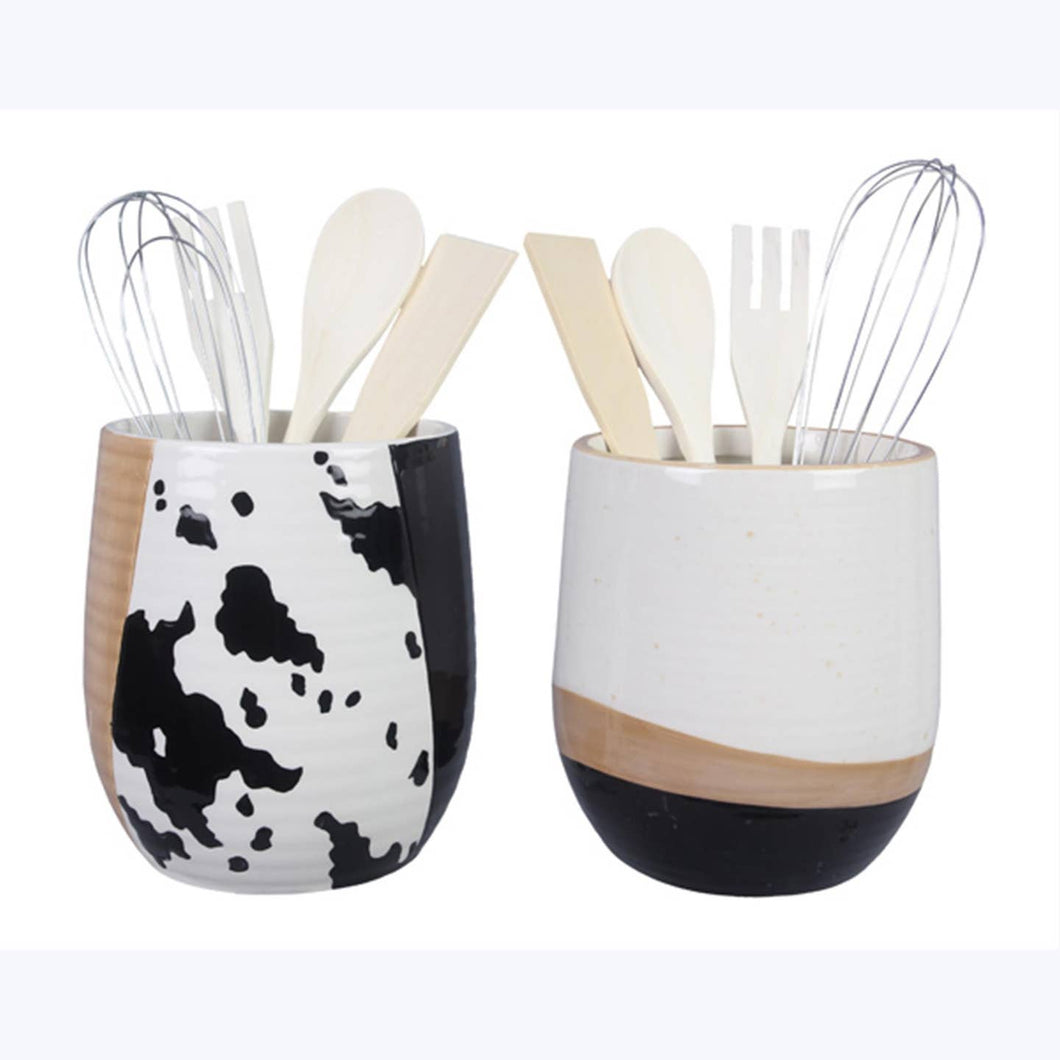 Ceramic Country Black & White Utensils Holder Set