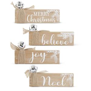 Wood Christmas Tabletop Signs w/Bell & Burlap Bow