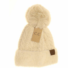 Load image into Gallery viewer, Cable Knit Faux Fur Pom and Cuff Beanie
