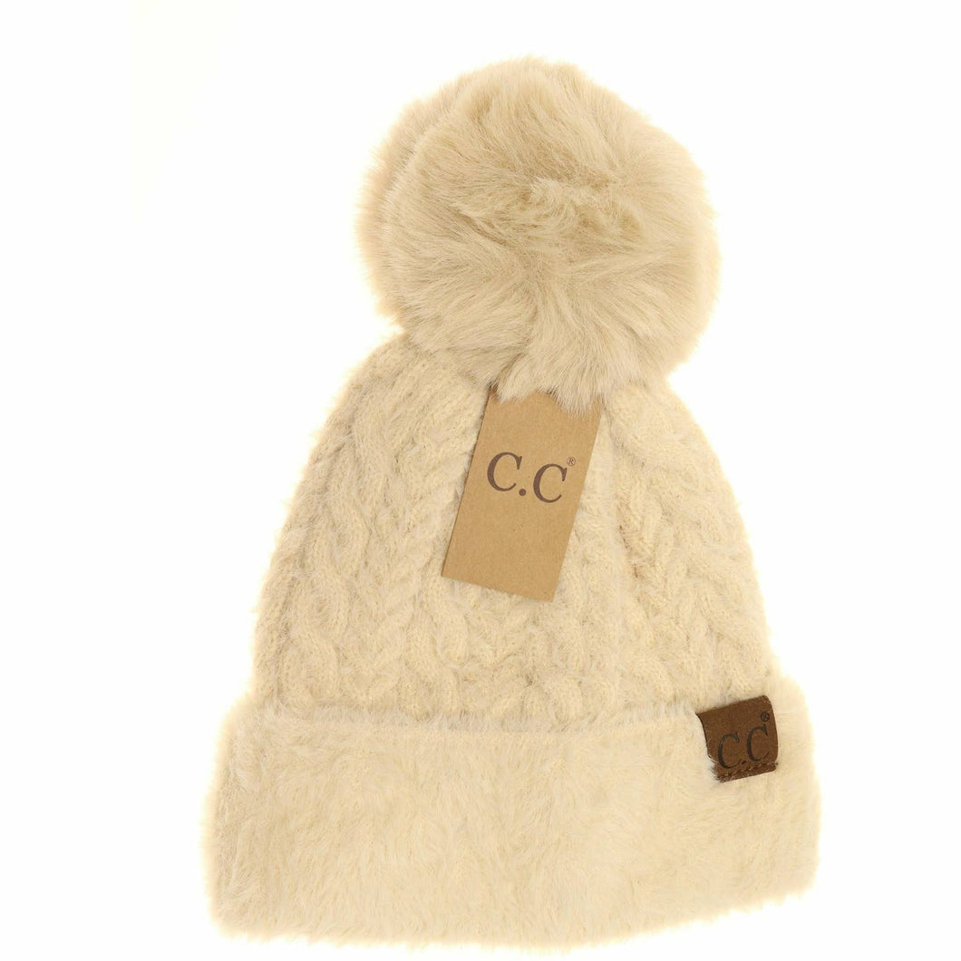 Cable Knit Faux Fur Pom and Cuff Beanie