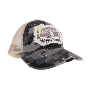 Embroidered Happy Camper Patch C.C High Pony Ball Cap
