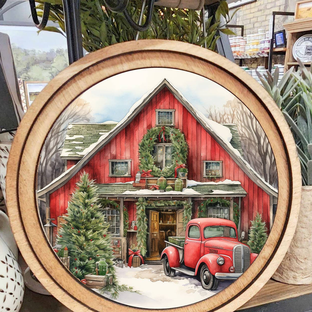 Round Red Christmas Barn Art