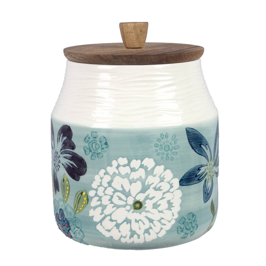 Stoneware Wax Resist Floral Canister with Wood Lid
