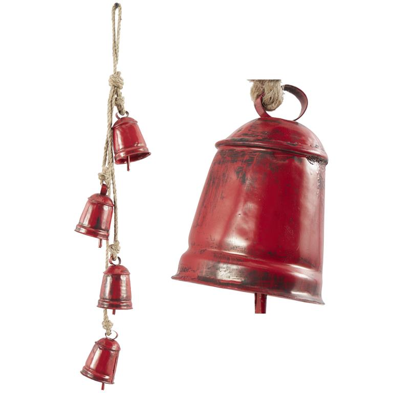 Red Metal Decorative Cow Bells with 4 Bells on Jute Hanging Rope