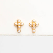 Load image into Gallery viewer, Birdie Gold Plated Pearl Cross Stud Earrings
