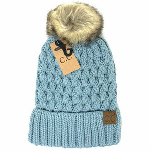 Solid Lattice Stitch Fur Pom Hat
