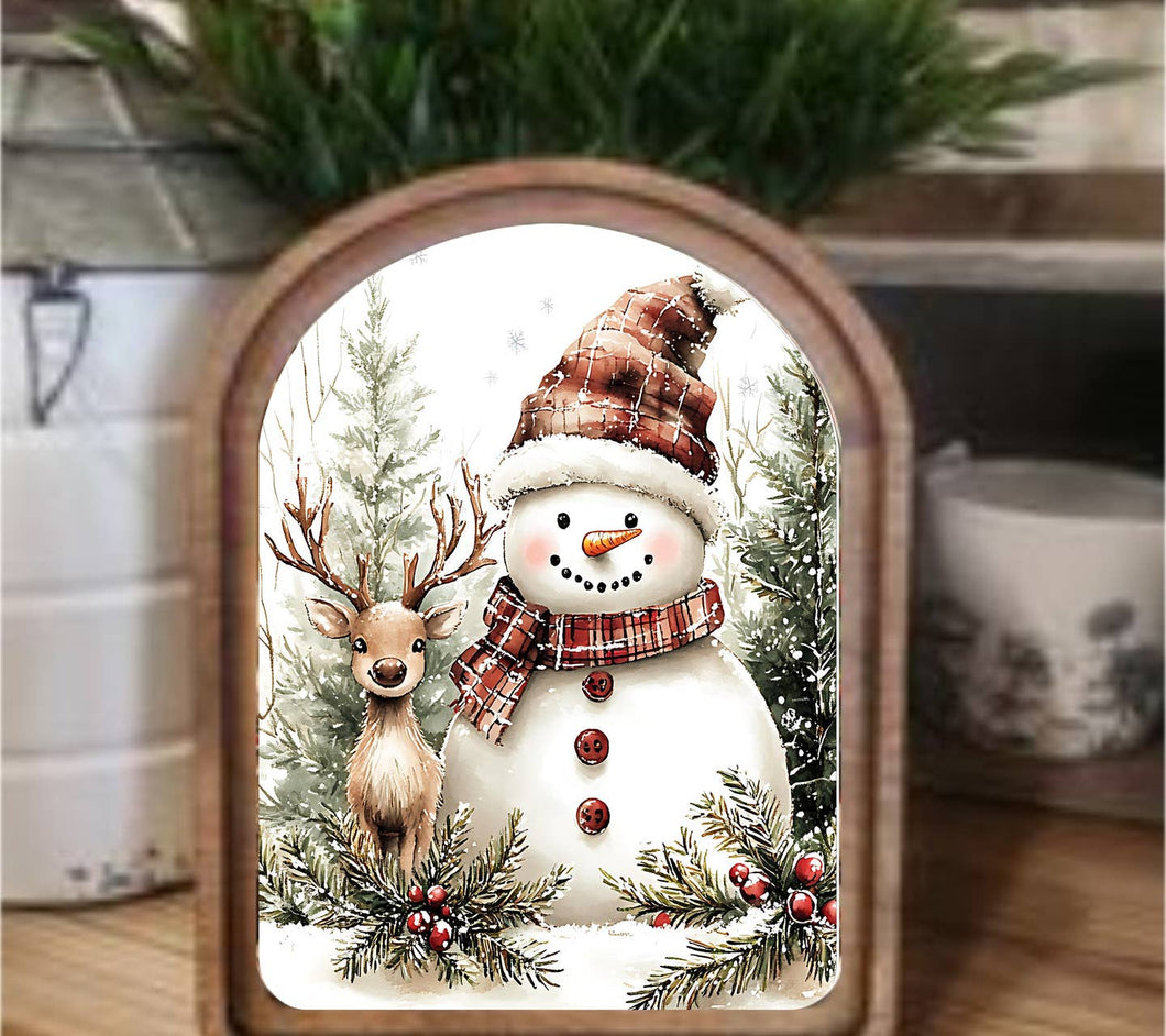 Arch Top Snowman Deer Framed Art