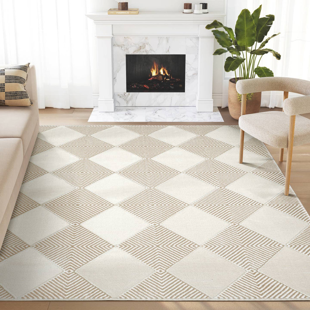 Cream Beige Diamond Checker Tile Rug