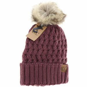 Solid Lattice Stitch Fur Pom Hat