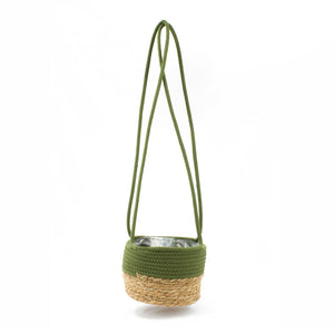 Hanging Green and Tan Woven Planter