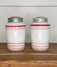 Load image into Gallery viewer, Red Hazel Atlas Milk Glass Salt &amp; Pepper Shakers
