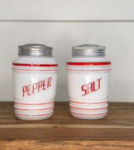 Load image into Gallery viewer, Red Hazel Atlas Milk Glass Salt &amp; Pepper Shakers
