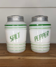 Load image into Gallery viewer, Green Hazel Atlas Milk Glass Salt &amp; Pepper Shakers
