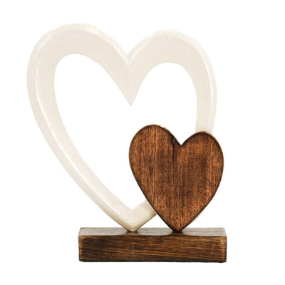 Wood and White Metal Heart on Stand