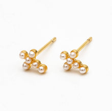 Load image into Gallery viewer, Birdie Gold Plated Pearl Cross Stud Earrings
