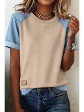 Load image into Gallery viewer, Denim Color Block Patchwork Round Neck Tee
