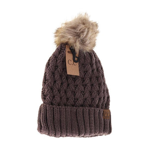 Solid Lattice Stitch Fur Pom Hat