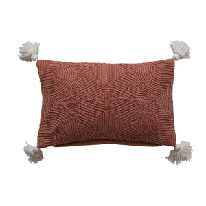 Cotton Lumbar Pillow w/ Embroidery & Tassels