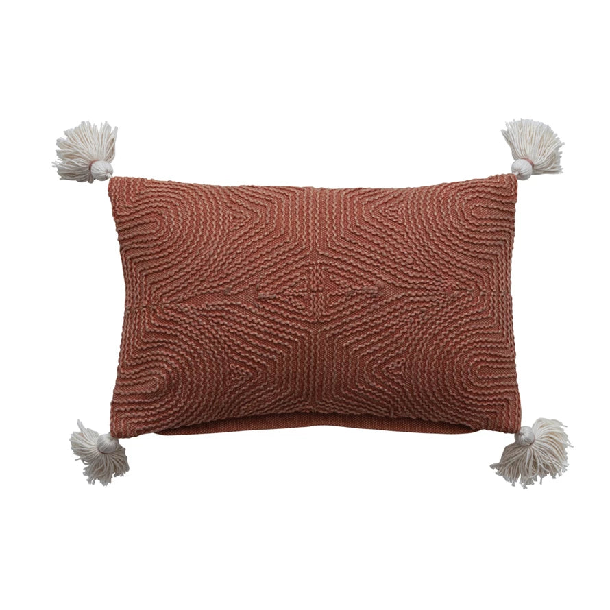 Cotton Lumbar Pillow w/ Embroidery & Tassels