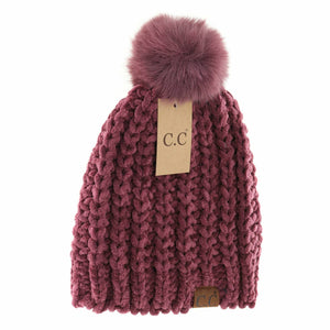 Chenille Chunky Knit Faux Fur Pom C.C Beanie
