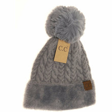 Load image into Gallery viewer, Cable Knit Faux Fur Pom and Cuff Beanie
