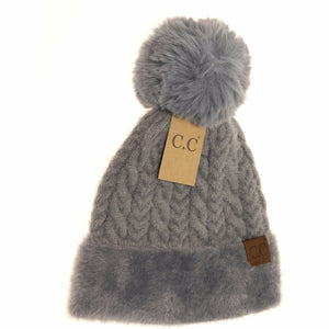 Cable Knit Faux Fur Pom and Cuff Beanie