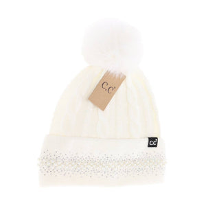 Pearl Embellished Cuff Faux Fur Pom C.C Beanie
