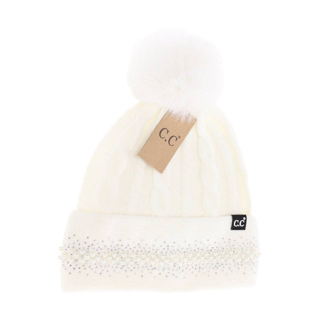 Pearl Embellished Cuff Faux Fur Pom C.C Beanie