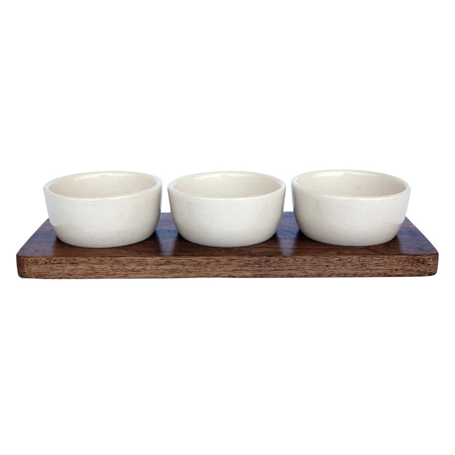 Mango Wood Tray w/ (3) 2 oz. Stoneware Bowls