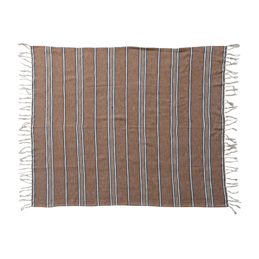 Cotton Blend Throw with Stripes & Fringe