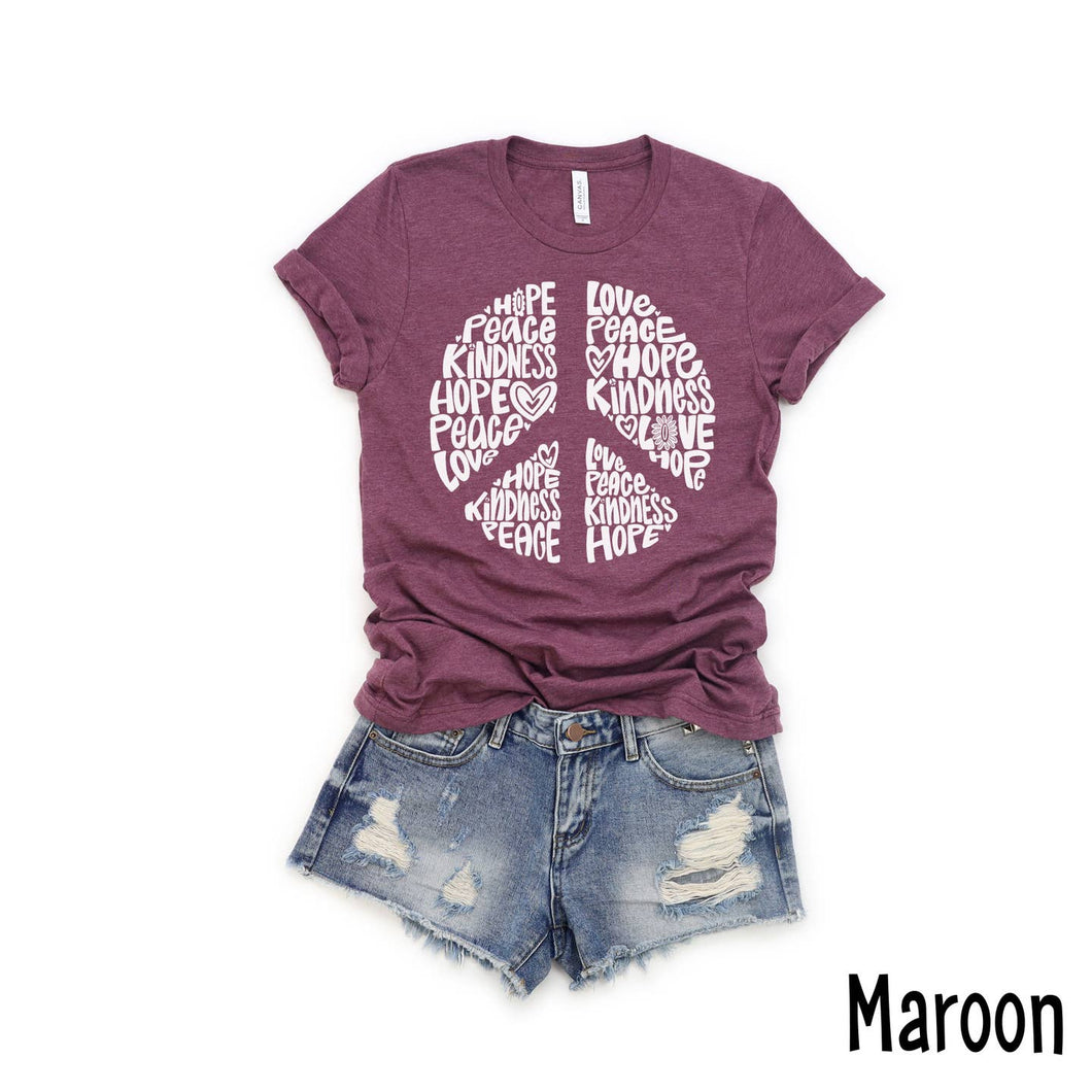 Peace Sign Word Art Maroon Tee