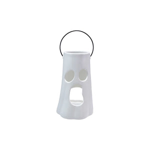 Ceramic Lantern with Cut-Out Ghost Face & Metal Handle